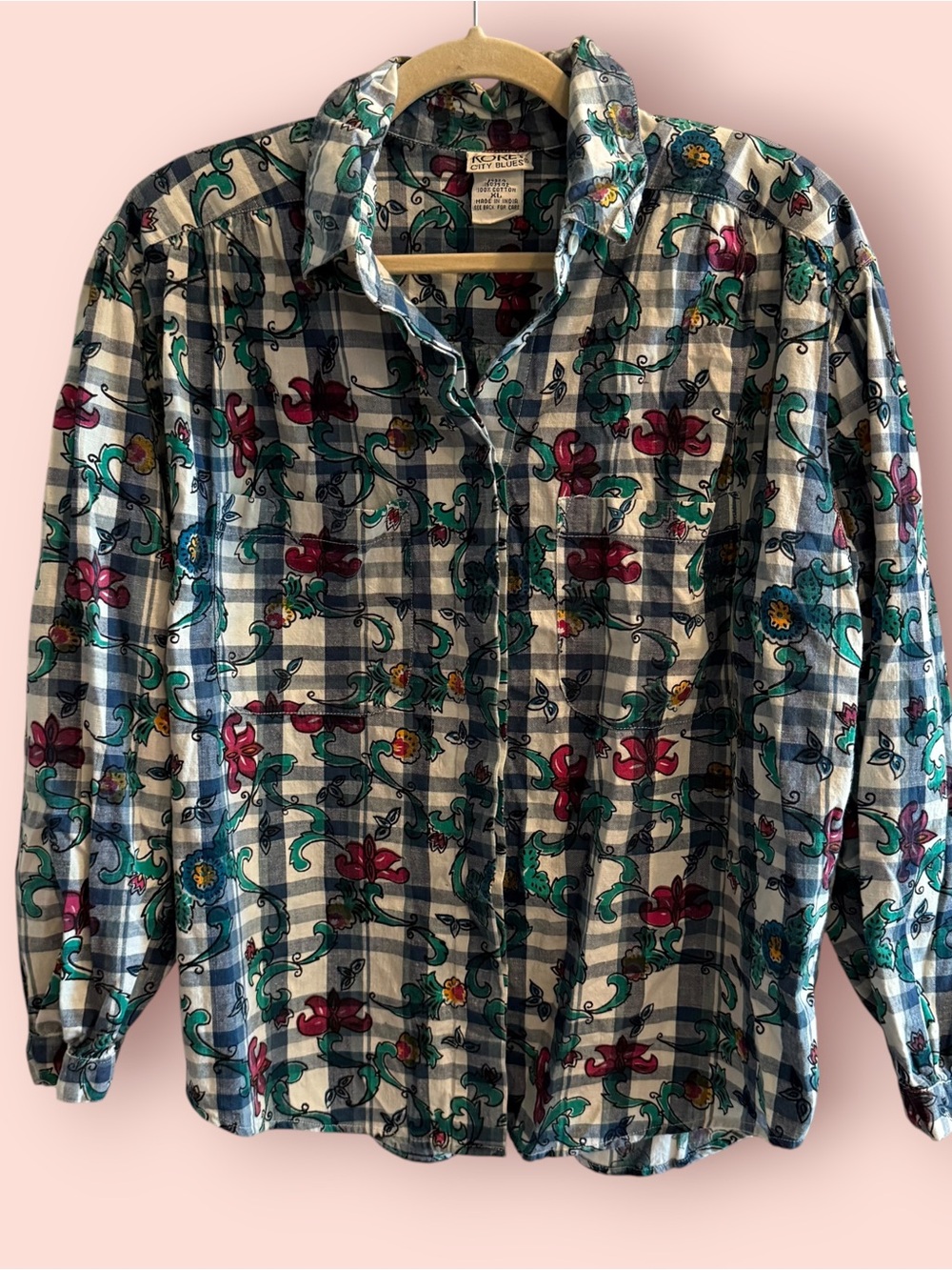 Vintage Koret City Blues Floral Gingham Button Up Shirt